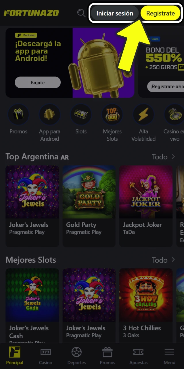 Iniciá sesión en la app para empezar a jugar Fortunazo.