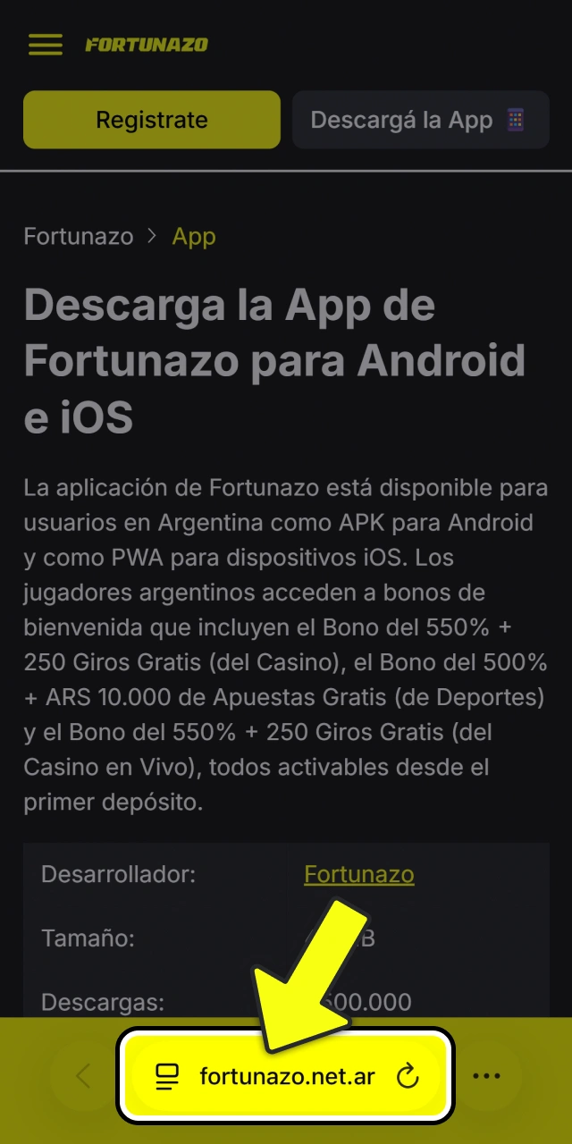 Abrí el sitio web en Safari para instalar Fortunazo.