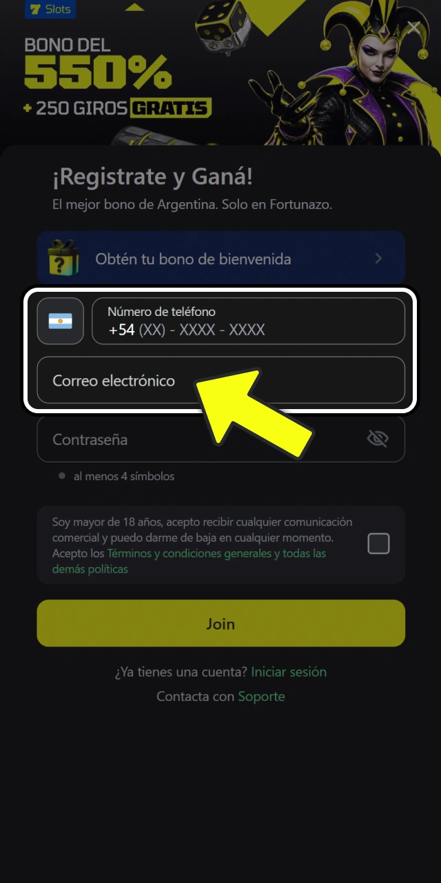 Seleccioná tu método de registro preferido en el sitio Fortunazo.