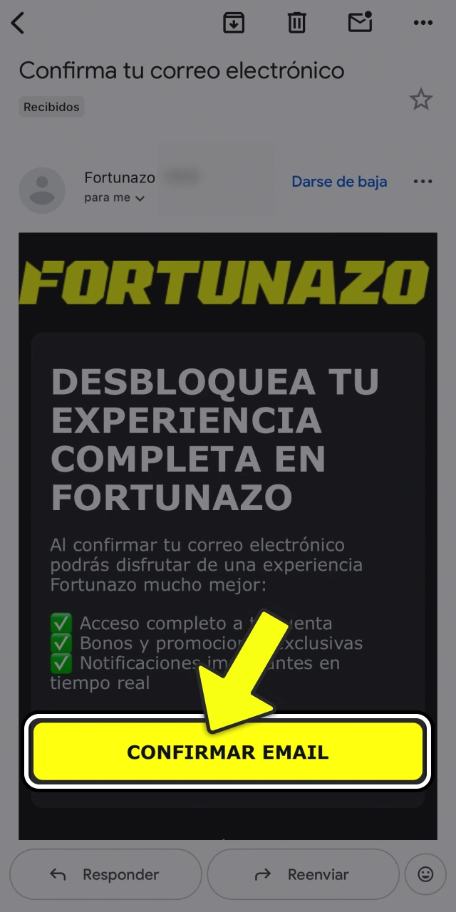 Confirmá tu código de verificación para activar tu cuenta Fortunazo.